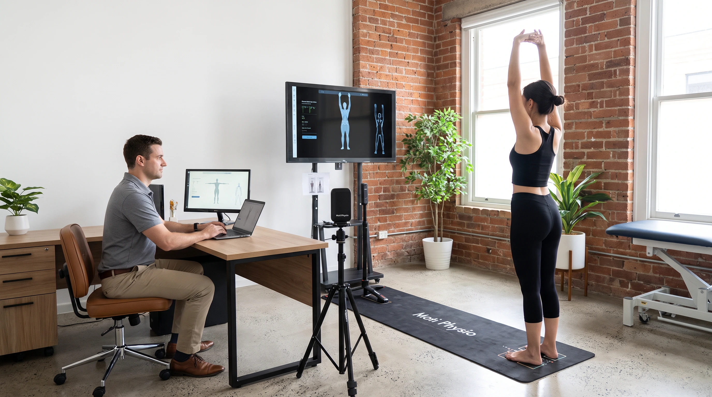 Moti Physio 3D body analysis system showing muscle assessment interface with healthcare professional